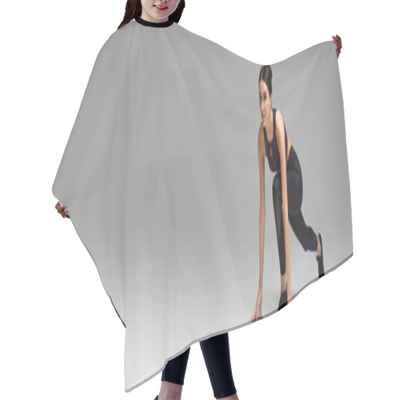 Personality  Sportswoman In Low Start Position On Grey Background, Banner Hair Cutting Cape