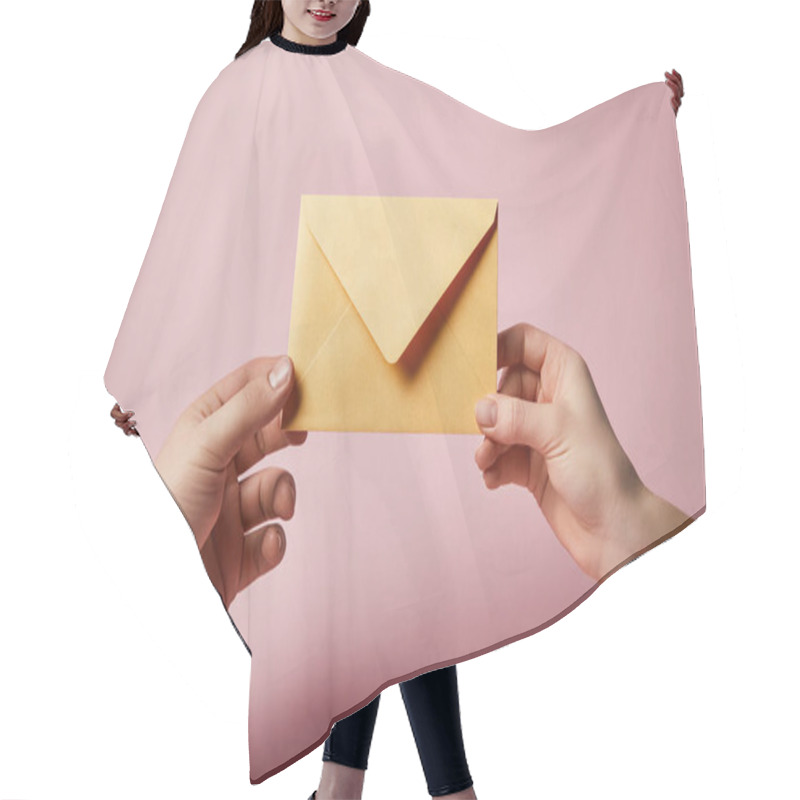 Personality  Partial View Of Woman With Tattoo And Man Holding Yellow Envelope On Pink Background  Hair Cutting Cape