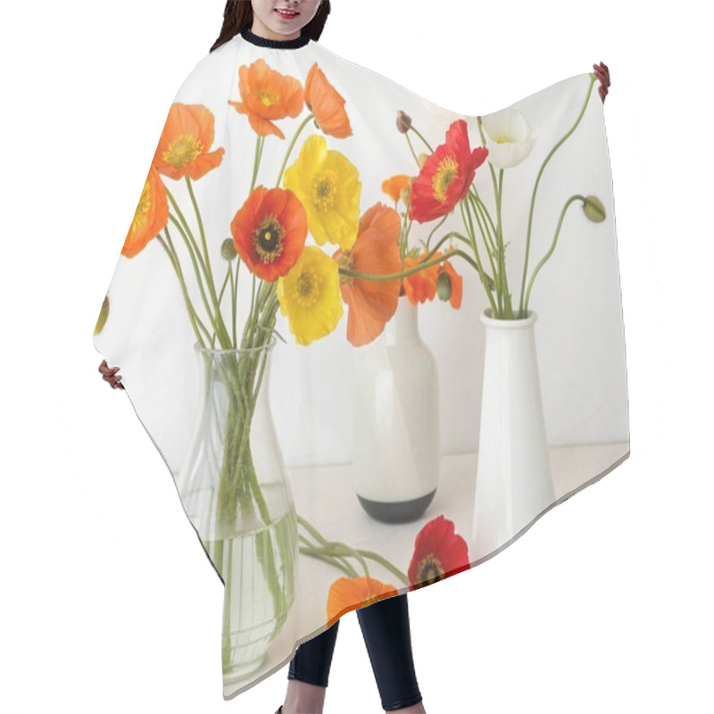 Personality  The Icelandic Poppy, With Its Vibrant Orange, Yellow, And Red Petals, Is Showcased In This Panoramic Floral Arrangement. These Delicate Blooms Are Displayed In A Variety Of Vases, From Classic Ceramic To Modern Glass Designs. Against A Pure White Bac Hair Cutting Cape