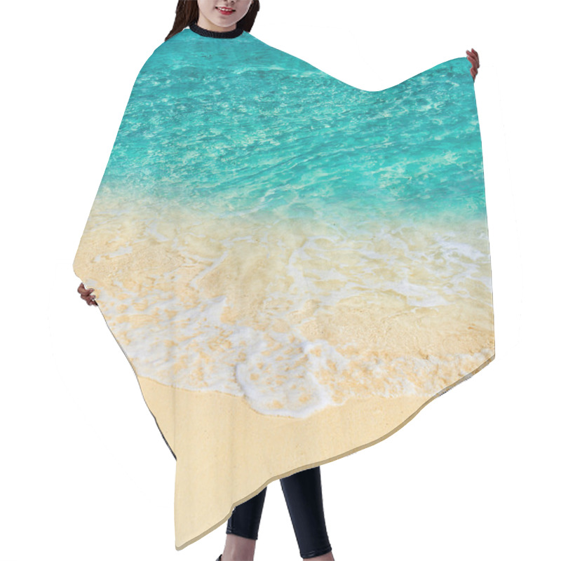 Personality  Soft Wave Of The Turquoise Sea On The Sandy Beach. Natural Summe Hair Cutting Cape