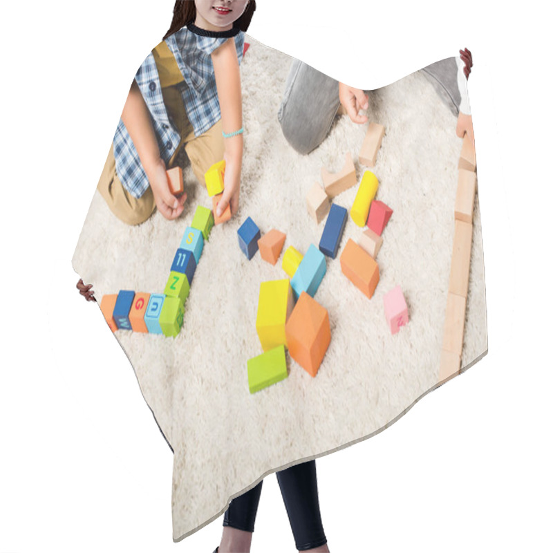 Personality  Cropped View Of Kids Playing With Wooden Blocks On Carpet Hair Cutting Cape