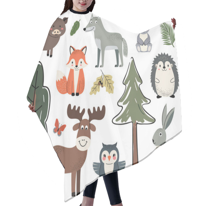 Personality  Set Of Cute Forest Animals. Woodland Animals And Trees. Elk, Fox, Owl, Boar, Hedgehog, Koala, Rabbit. Hair Cutting Cape