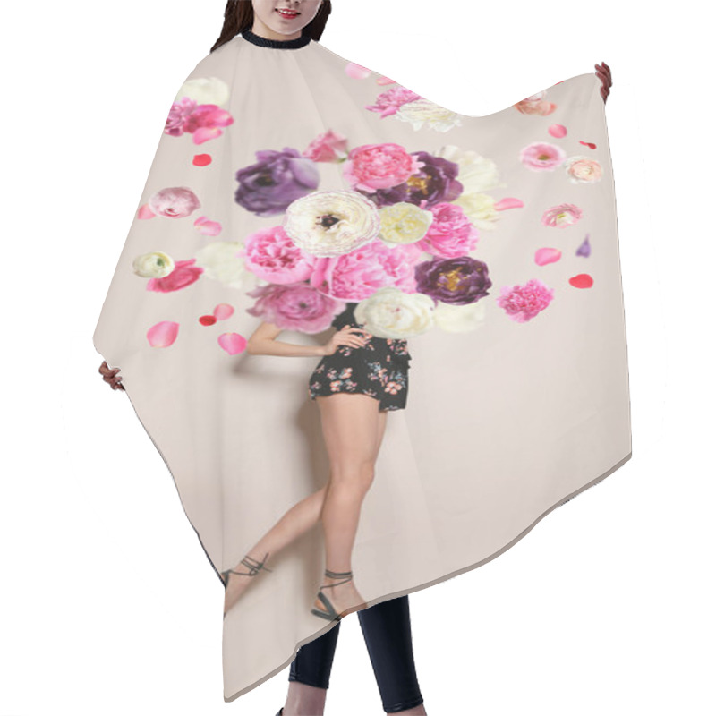 Personality  Creative Spring Fashion Composition. Posing Girl And Flowers Splash Hair Cutting Cape