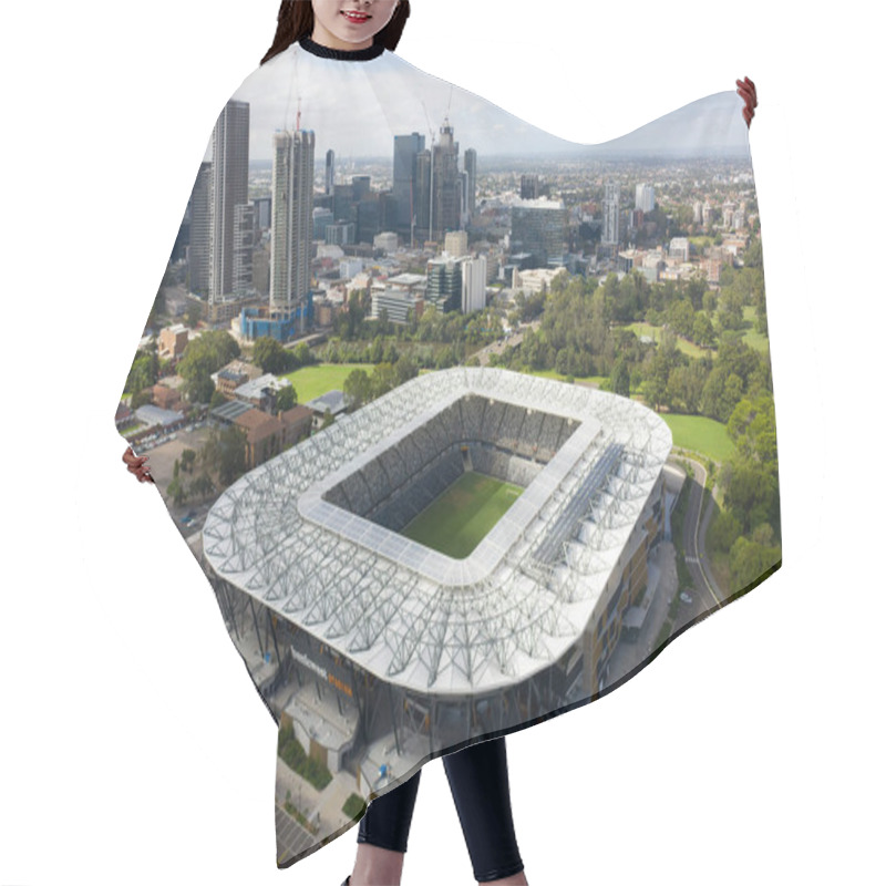 Personality  February 20, 2021 - Parramatta, NSW, Australia. Aerial View Of Bankwest Stadium With Parramatta City Skyline. Hair Cutting Cape