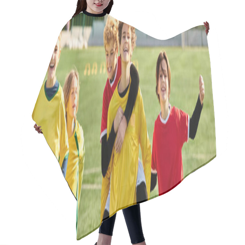 Personality  A Dynamic Group Of Young People Stands Joyfully Atop A Soccer Field, Celebrating Their Victory. Energetic And Passionate, They Embody The Spirit Of Teamwork And Sport. Hair Cutting Cape