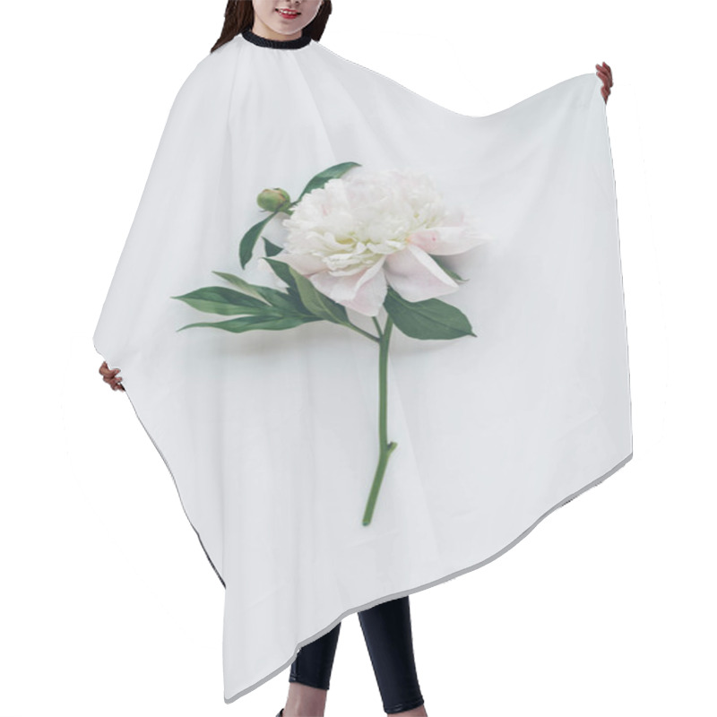 Personality  Top View Of White Peony Flower With Leaves Isolated On White Hair Cutting Cape