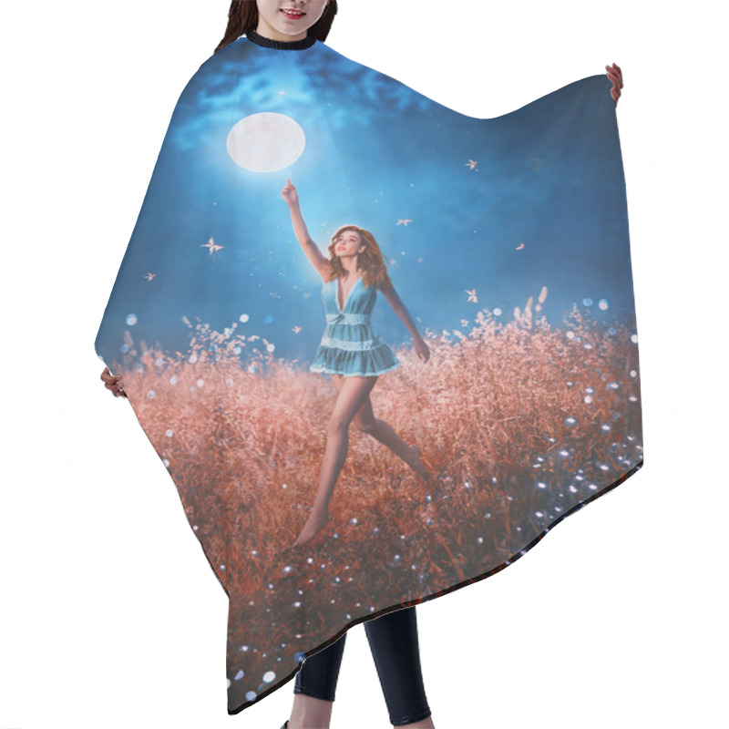 Personality  Pretty Leggy Beauty With Flying Flowing Hair Runs Through Field Of Fallen Stars Behind Mystical Floating Moon. Amazing Art Photo With Creative Colors. Girl In Image Of Night Fairy In Short Blue Dress Hair Cutting Cape