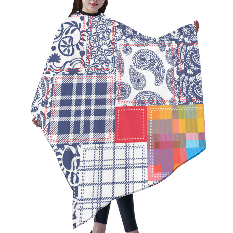 Personality  Blue, White, Red Patchwork. Textile Collage. Checkered, Floral Patterns Hair Cutting Cape