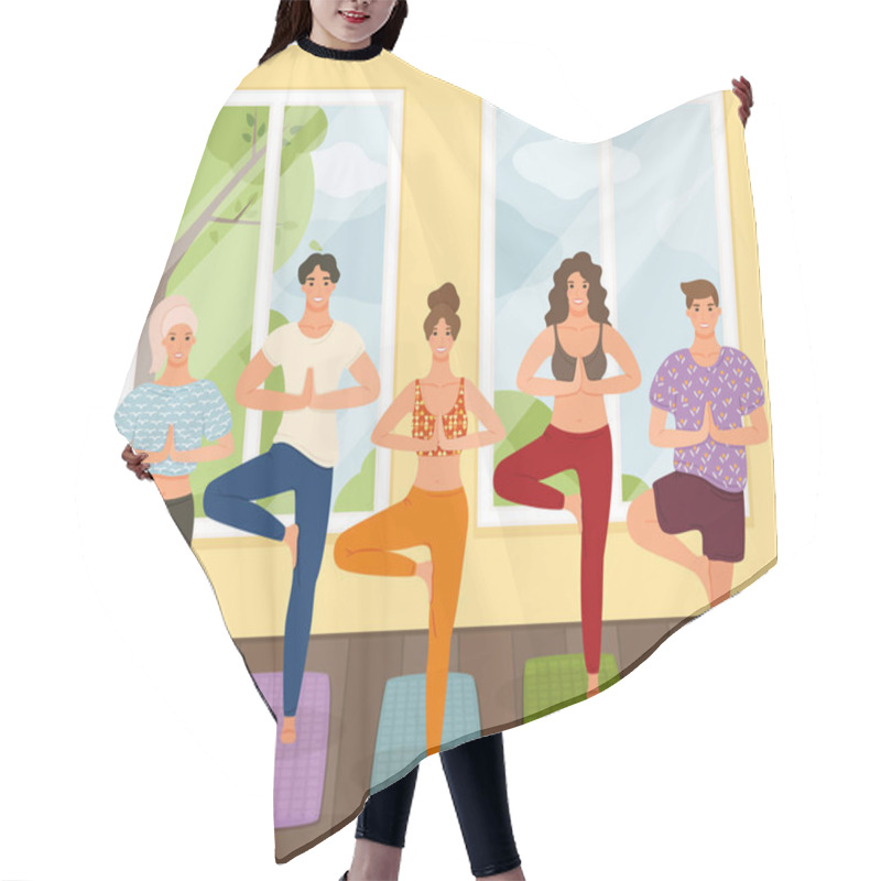 Personality  Group Of Young People Practicing Yoga Lesson Standing In Vrksasana Exercise, Tree Pose Hair Cutting Cape