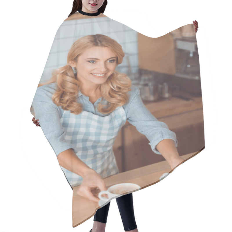 Personality  Waitress Holding Cups Of Coffee  Hair Cutting Cape