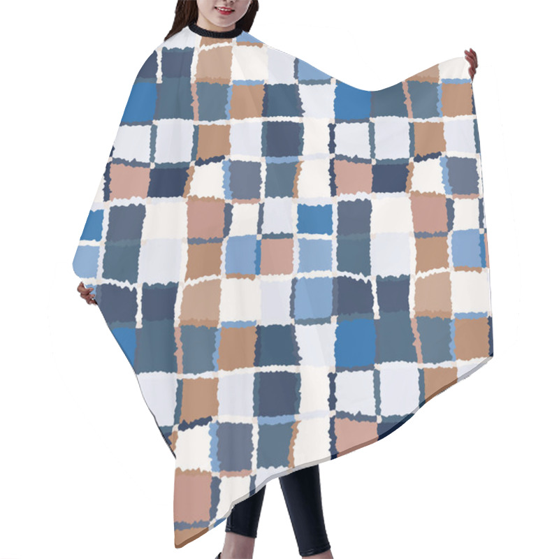 Personality  Seamless Geometric Mosaic Checked Pattern. Background Of Woven Rectangles And Squares. Patchwork, Ceramic, Tile Texture. Blue, Brown, White, Contrast Colors. Vector Hair Cutting Cape