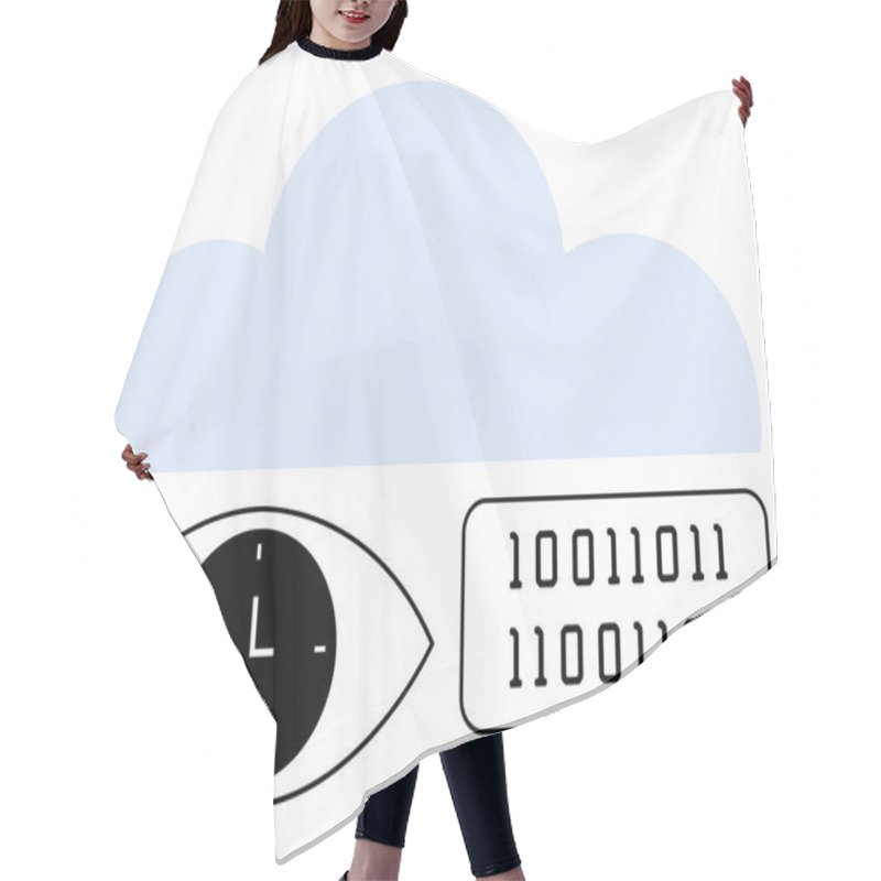 Personality  Eye With Clock In Pupil Monitors Time, Speech Balloon Shows Binary Data, Cloud Above. Ideal For Technology, Cloud Storage, Big Data, Digital Security, AI, Automation Abstract Line Flat Metaphor Hair Cutting Cape