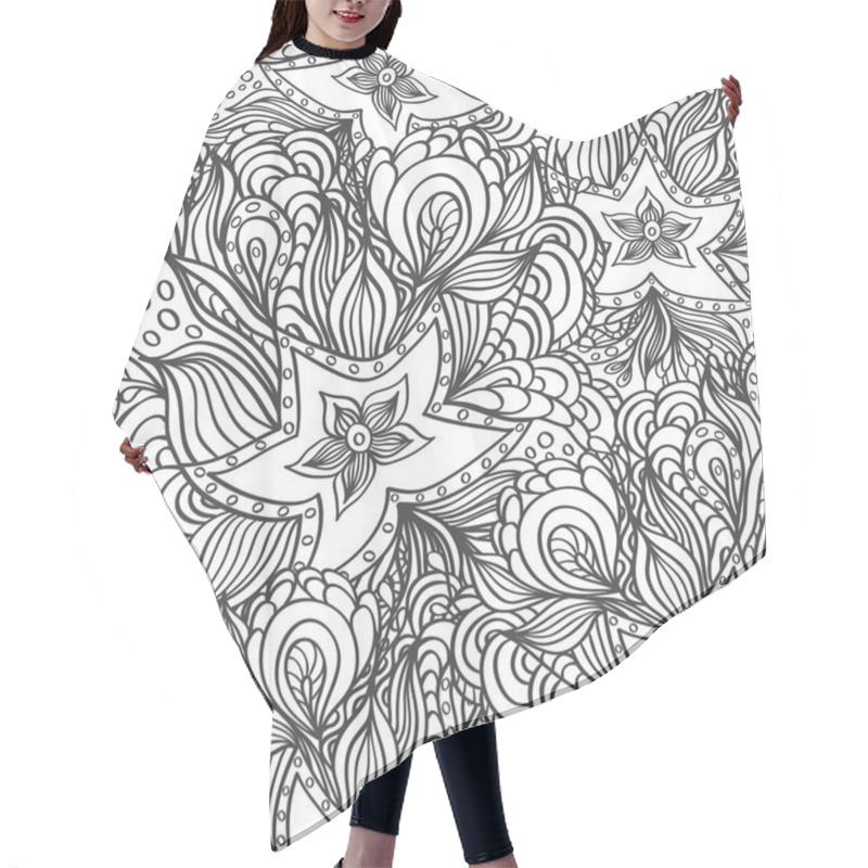 Personality  Seamless Pattern With Doodle Starfishes And Seaweeds In Black White For Coloring Page Hair Cutting Cape