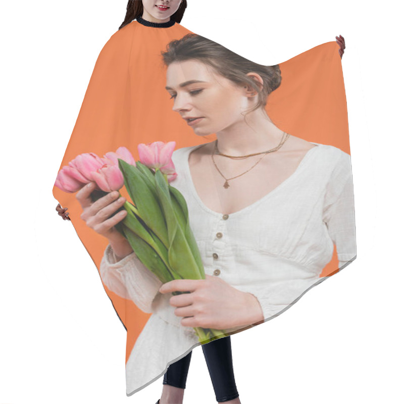 Personality  Bouquet Of Flowers, Young Woman In White Sun Dress Holding Tulips And Standing On Orange Background, Stylish Posing, Lady In White, Vibrant Background, Fashion, Summer  Hair Cutting Cape