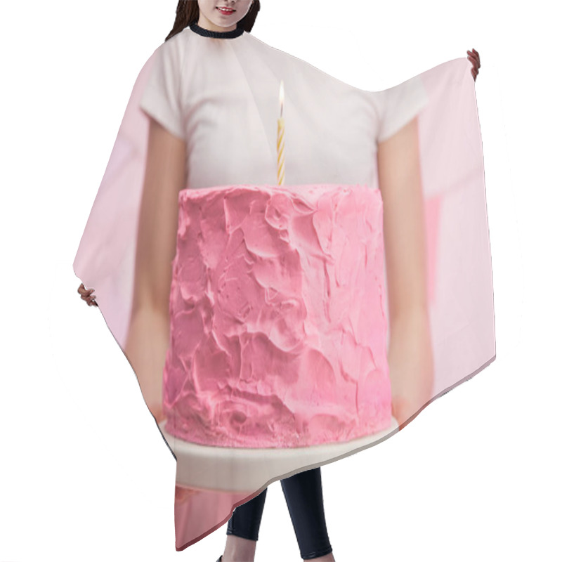 Personality  Close Up Of Woman Holding Cake Stand With Sweet Pink Birthday Cake And Burning Candle  Hair Cutting Cape