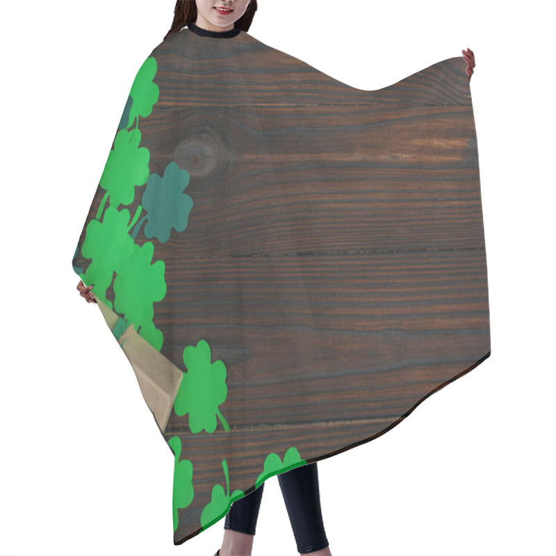 Personality  Top View Of Wrapped Gift Box And Green Shamrocks On Wooden Table Hair Cutting Cape