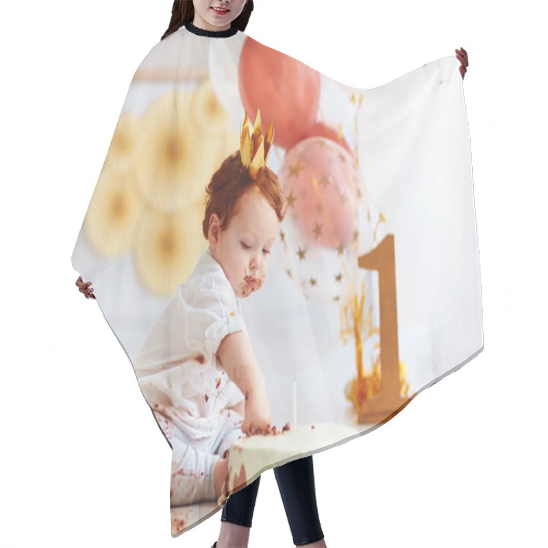 Personality  Curious Funny Baby Boy Poking Finger In His First Birthday Cake Hair Cutting Cape