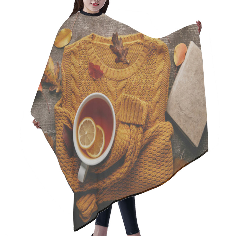 Personality  Flat Lay With Fallen Leaves, Cup Of Tea With Lemon Pieces, Book And Orange Sweater On Wooden Tabletop Hair Cutting Cape