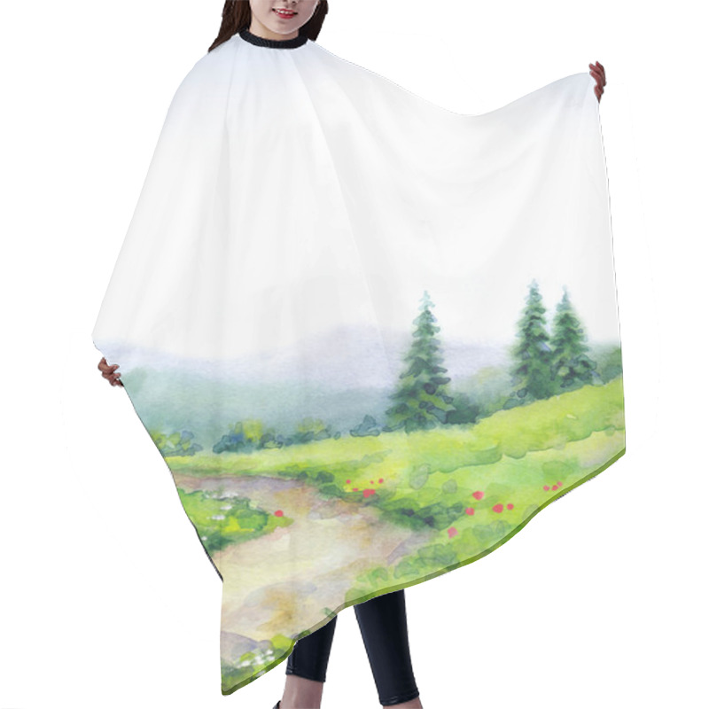 Personality  Hand Drawn Bright Watercolour Paint Sketch On Paper Backdrop. Space For Text On Scenic Blue Color Heaven View. Quiet Rustic Taiga Mow Day. Artwork Mount Fall Scene. Green Wild Pine On Glade Track Way Hair Cutting Cape