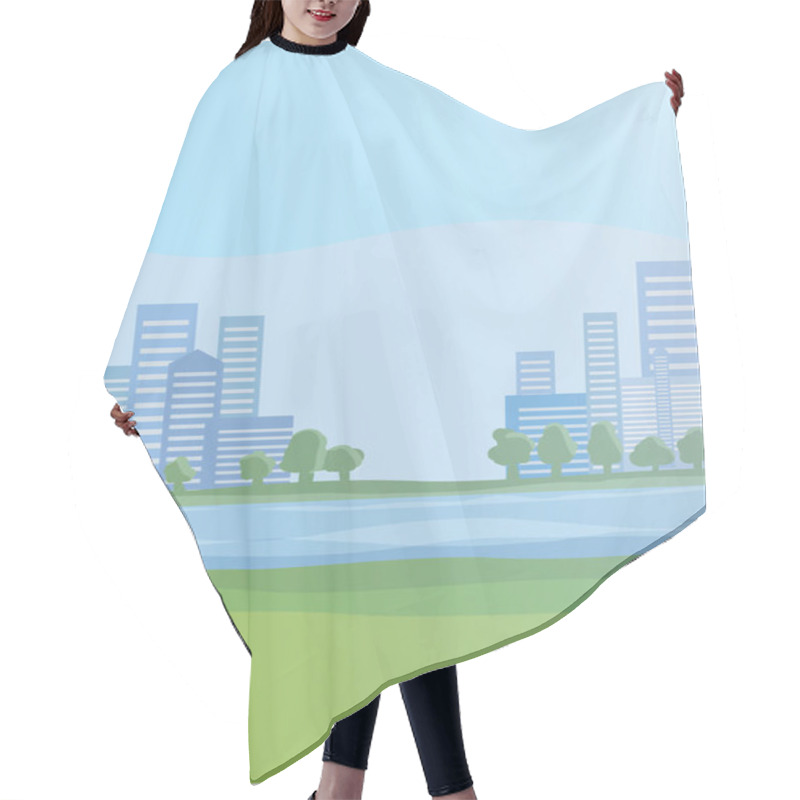 Personality  City With Skyscrapers On The Horizon And The River. Cityscape Vector Illustration. Hair Cutting Cape