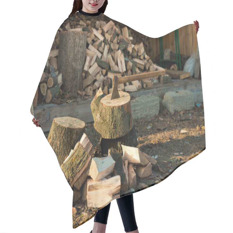 Personality  Axe In Chopping Block And Firewood Hair Cutting Cape