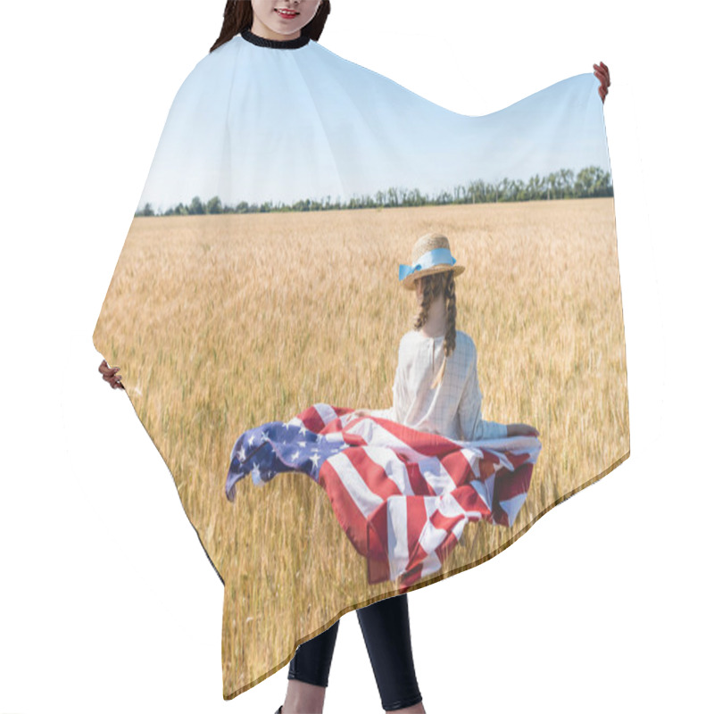 Personality  Back View Of Kid In Straw Hat Holding American Flag In Golden Field In Summertime  Hair Cutting Cape