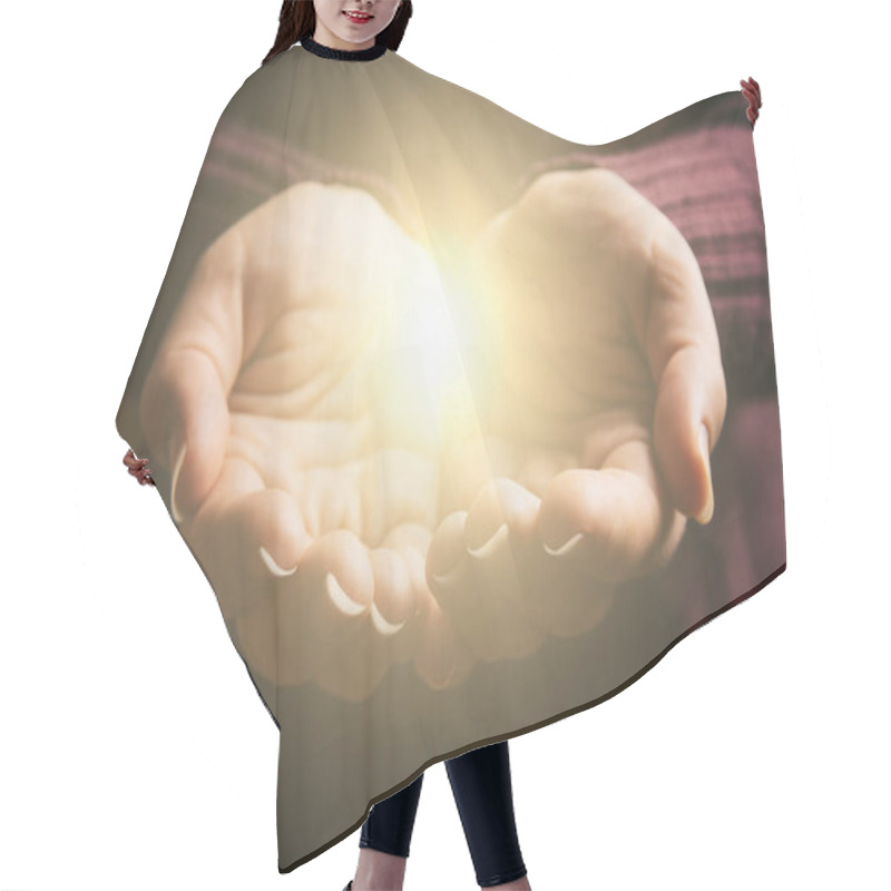 Personality  Abstract Light In Female Hands, Offering Help, Protection And Support Symbol. Sharing Hope Concept Hair Cutting Cape