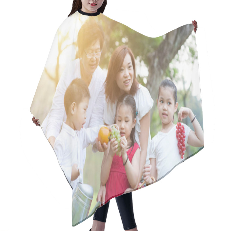 Personality  Grandmother, Mother And Children Outdoor Fun. Hair Cutting Cape