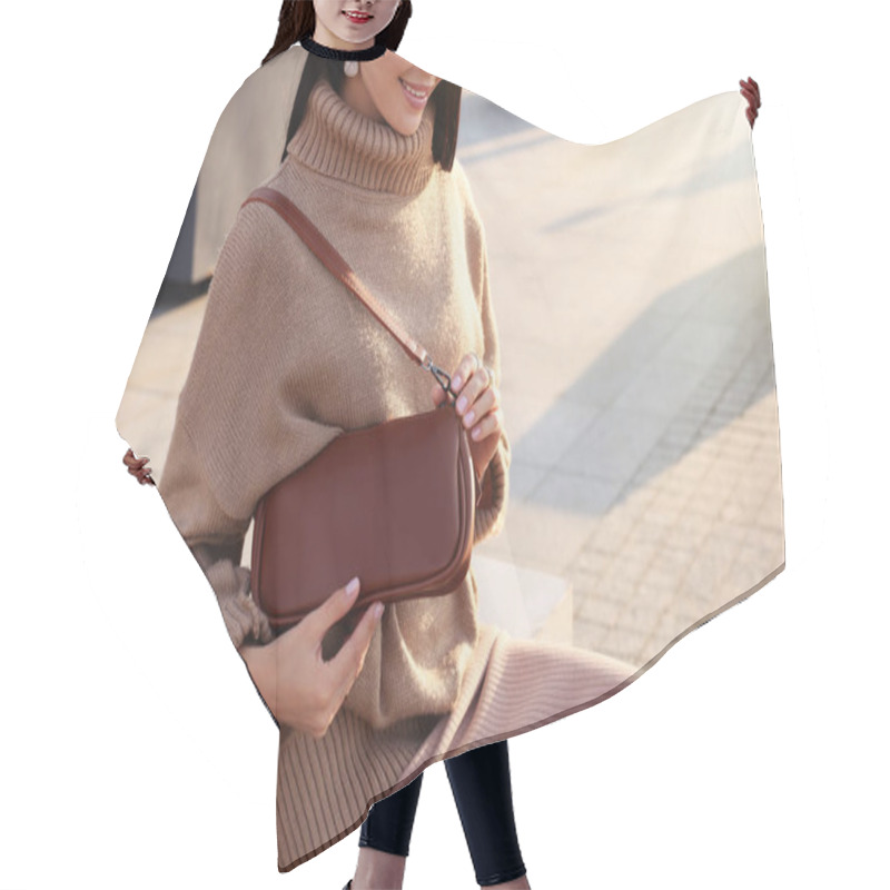 Personality  Fashionable Young Woman With Stylish Bag On Bench Outdoors, Closeup Hair Cutting Cape