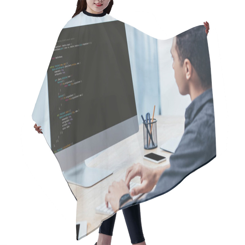 Personality  Young Businessman Using Desktop Computer With Html Code On Screen In Office  Hair Cutting Cape