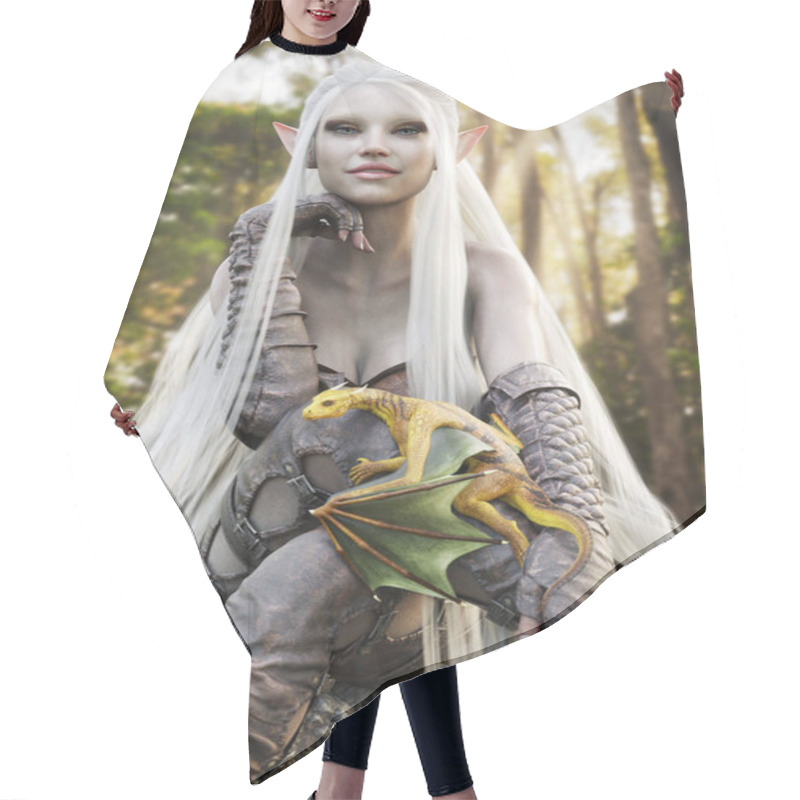 Personality  Portrait Of A Cute Fantasy Elf With Long Flowing White Hair Posing With Her Pet Golden Dragon. 3d Rendering Hair Cutting Cape