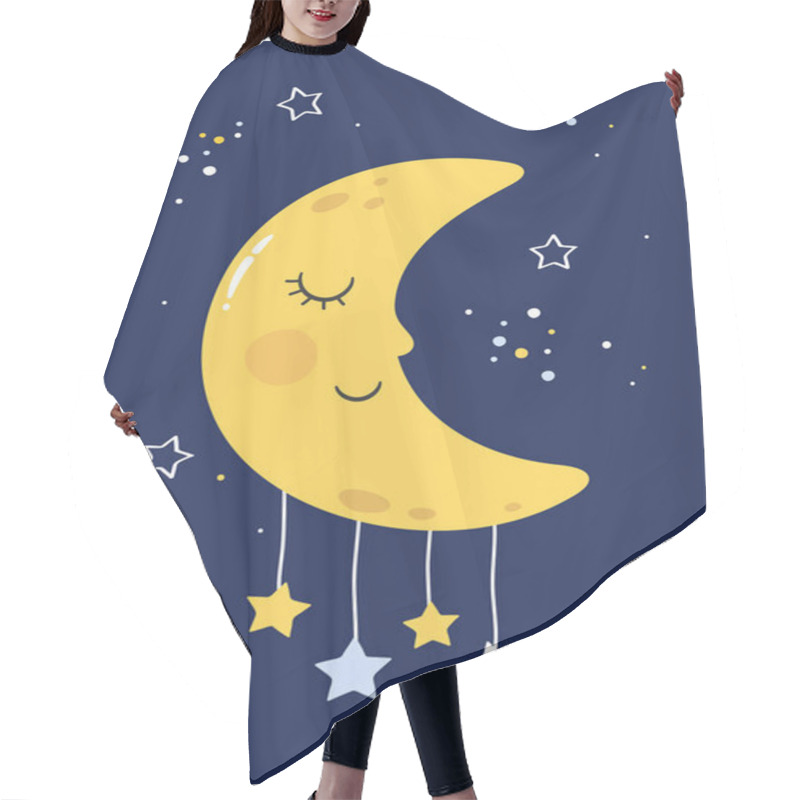 Personality  Cute Sleeping Moon With Hanging Stars On Blue Background. Good Night For Kids. Vector. Hair Cutting Cape