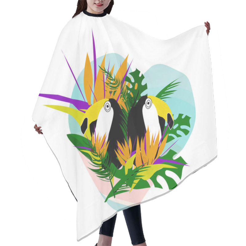 Personality  Cute Vector Collage With Toucan Bird, Strelizia Flower, Palm Leaves On Seascaped Shape Of Heart Background. Tropical Summer Illustration Hair Cutting Cape