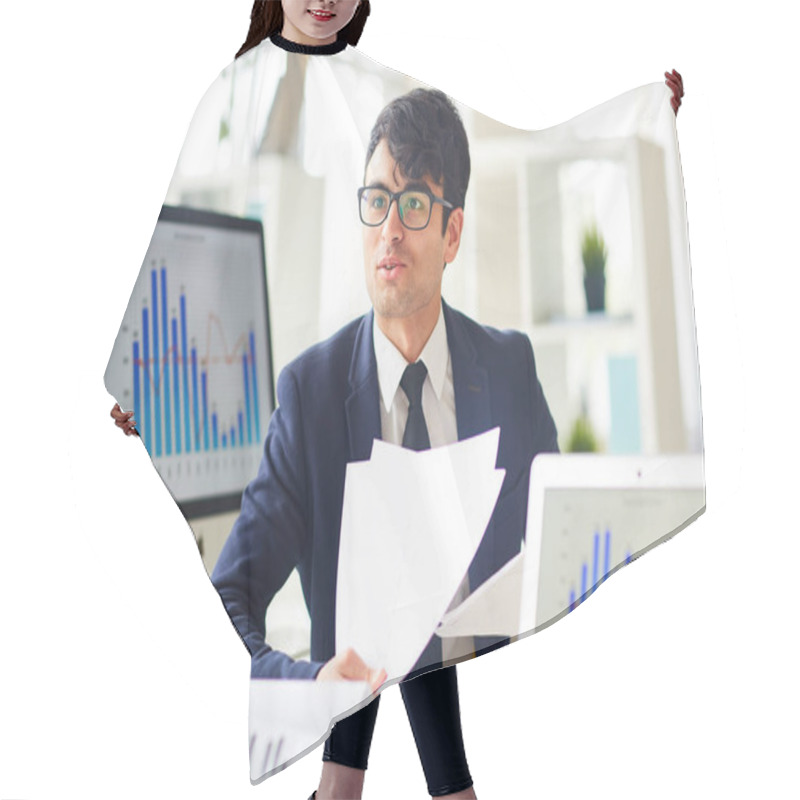 Personality  Young Economist Talking To Colleague And Explaining Financial Papers Hair Cutting Cape