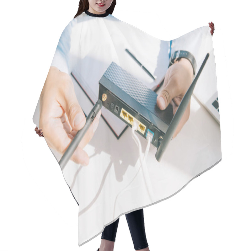 Personality  Cropped View Of Businessman Adjusting Antenna Of Router Hair Cutting Cape