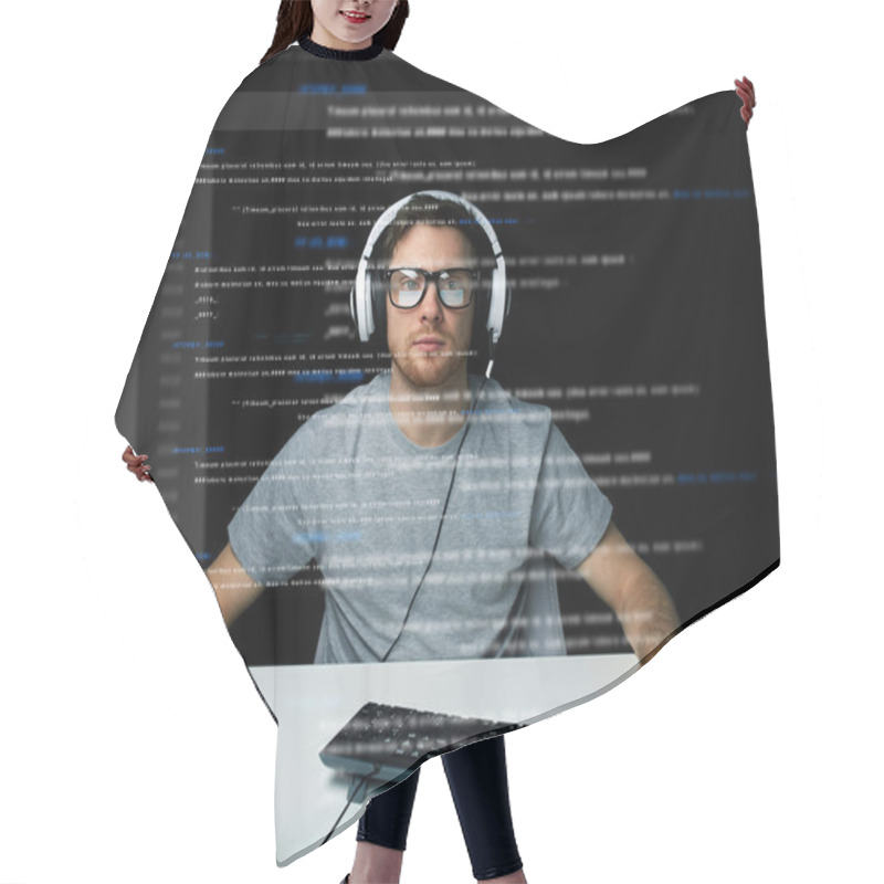 Personality  Man In Headset Hacking Computer Or Programming Hair Cutting Cape