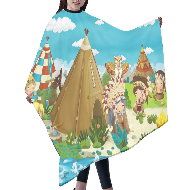 Personality  Cartoon Indian Chief Is Sitting By The Fire Near The Tee Pee And Looking At Dancing Warriors - Illustration For Children Hair Cutting Cape