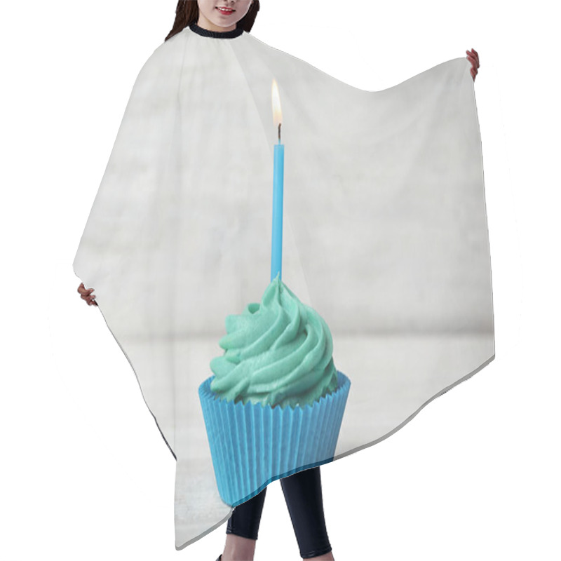 Personality  Delicious Birthday Cupcake With Cream And Burning Candle On White Wooden Table Hair Cutting Cape