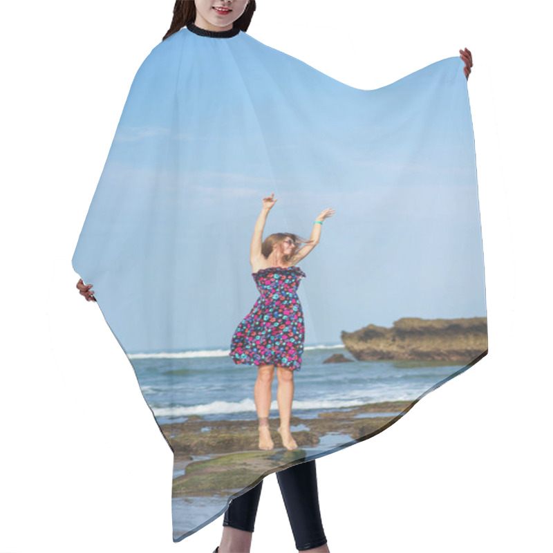 Personality  Happy Young Woman In Dress Jumping On Beach Hair Cutting Cape