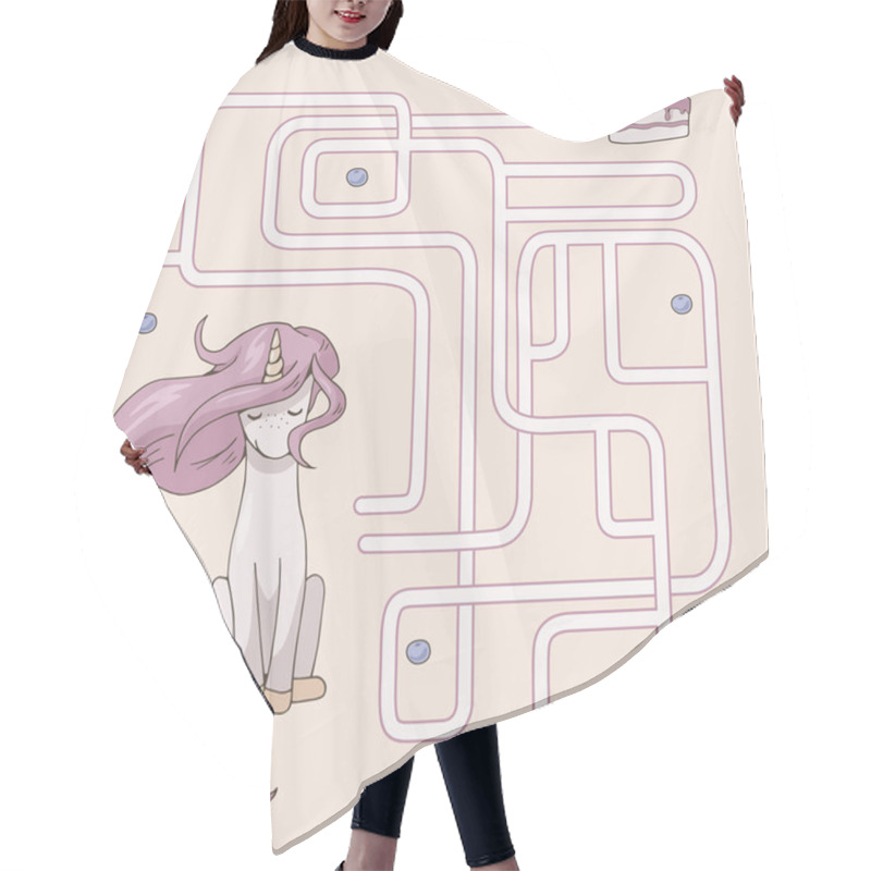 Personality  Labyrinth. Maze Game For Kids. Help Cute Cartoon Unicorn Find Path To Cake. Pink And Yellow Pastel Colors. Vector Illustration. Hair Cutting Cape