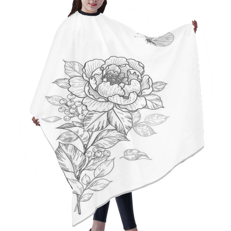 Personality  Hand Drawn Peony And Butterfly Isolated On Blank Background. Black And White Single Flower And Flying Moth. Vector Monochrome Elegant Floral Composition In Vintage Style, Tattoo Design, Template. Hair Cutting Cape