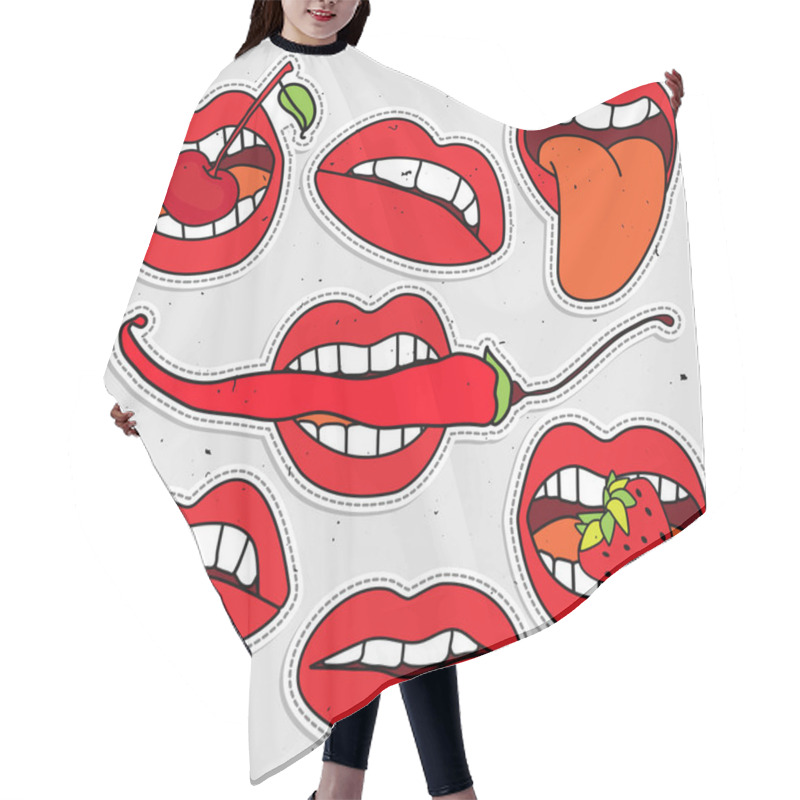 Personality  Lips Sticker Collection, Sexy Lips With Strawberry, Berry, Red Pepper. Pop Art Lips Hair Cutting Cape