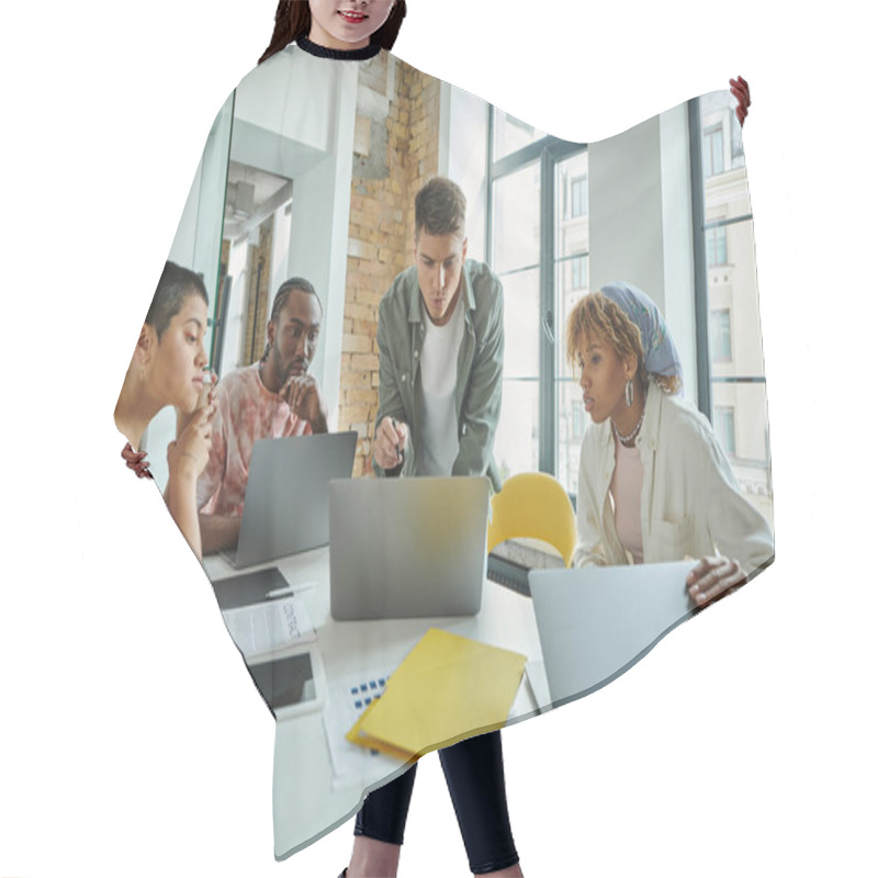 Personality  Diverse Colleagues Looking At Laptop, Working On Startup Project, Ideas And Planning, Office Hair Cutting Cape