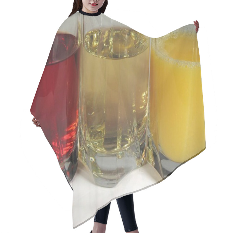 Personality  Apple, Orange And Grape Juice In Transparent Glasses Hair Cutting Cape