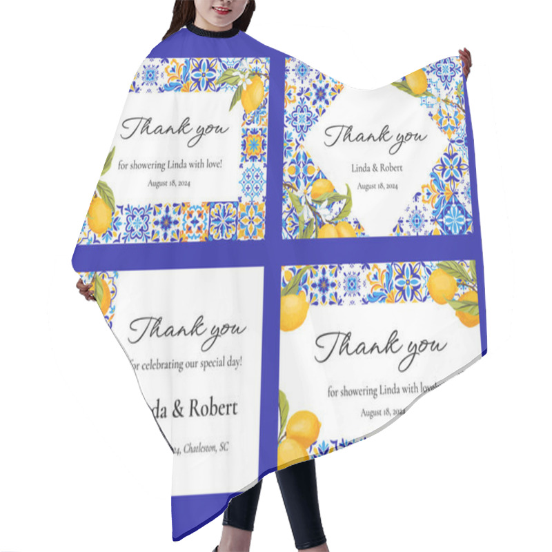 Personality  Set Of Mediterranean Wedding And Bridal Shower Thank You Cards. Blue Tiles, Lemons And Green Leaves. Amalfi Coast Wedding Gratitude Template Printable Cards. Vector Illustration. Hair Cutting Cape