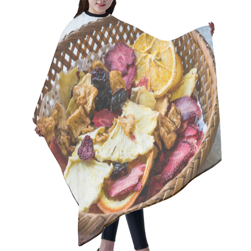 Personality  Mixed Dried Fruits Orange, Strawberry, Pineapple, Cherry And Apple Slices With Cinnamon Powder In Wooden Basket. Hair Cutting Cape