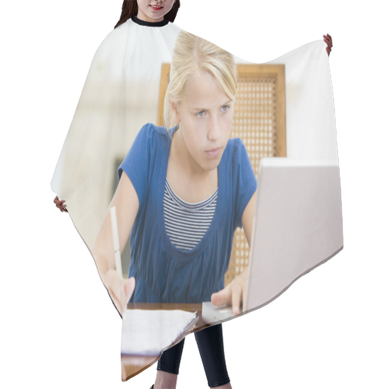 Personality  Young Girl With Laptop Doing Homework In Dining Room Hair Cutting Cape