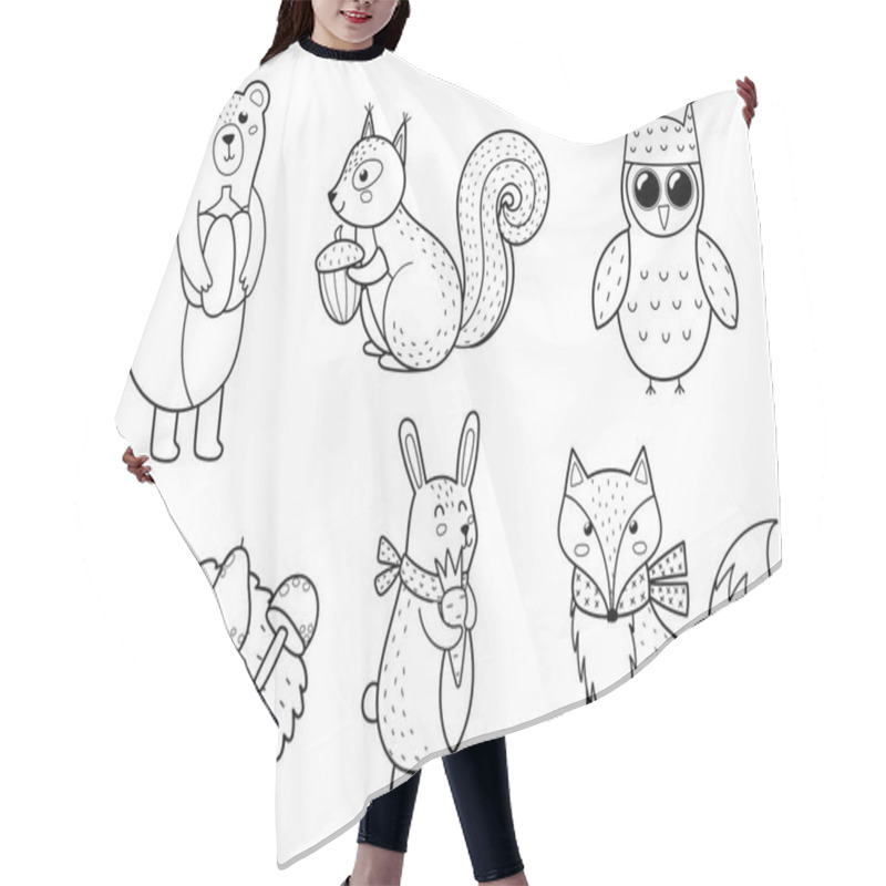 Personality  Cute Forest Animals Collection. Fall Woodland Black And White Characters For Kids Design. Bear, Fox, Owl, Hedgehog, Rabbit And Squirrel. Vector Illustration Hair Cutting Cape