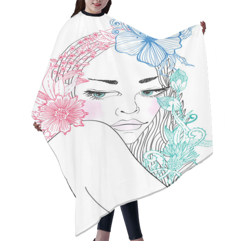 Personality  Hand Drawn Beautiful Woman With Flowers In Hair Hair Cutting Cape