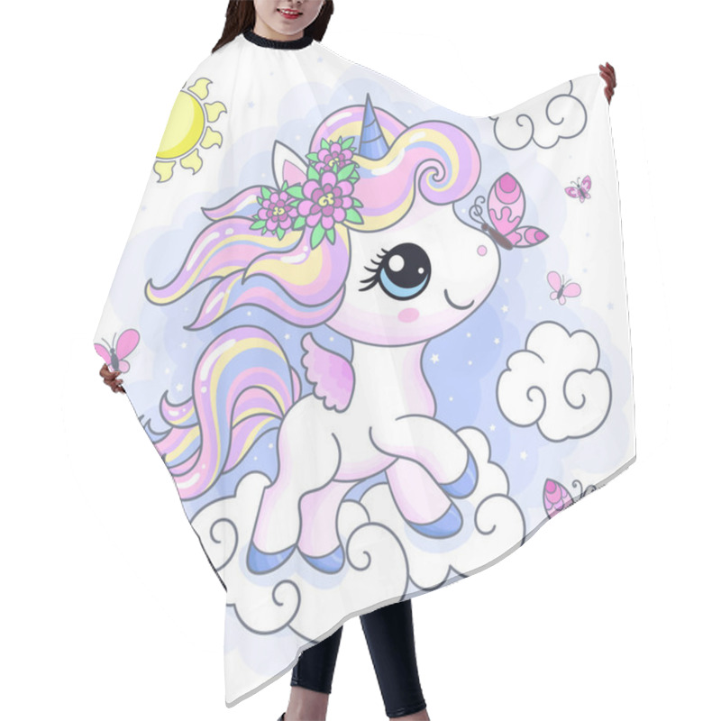 Personality  Cute Little Unicorn In The Sky With A Butterfly. Themes Of Magic And Fantasy. For Children's Design Of Prints, Posters, Cards, Stickers, Puzzles, Etc. Vector Illustration Hair Cutting Cape